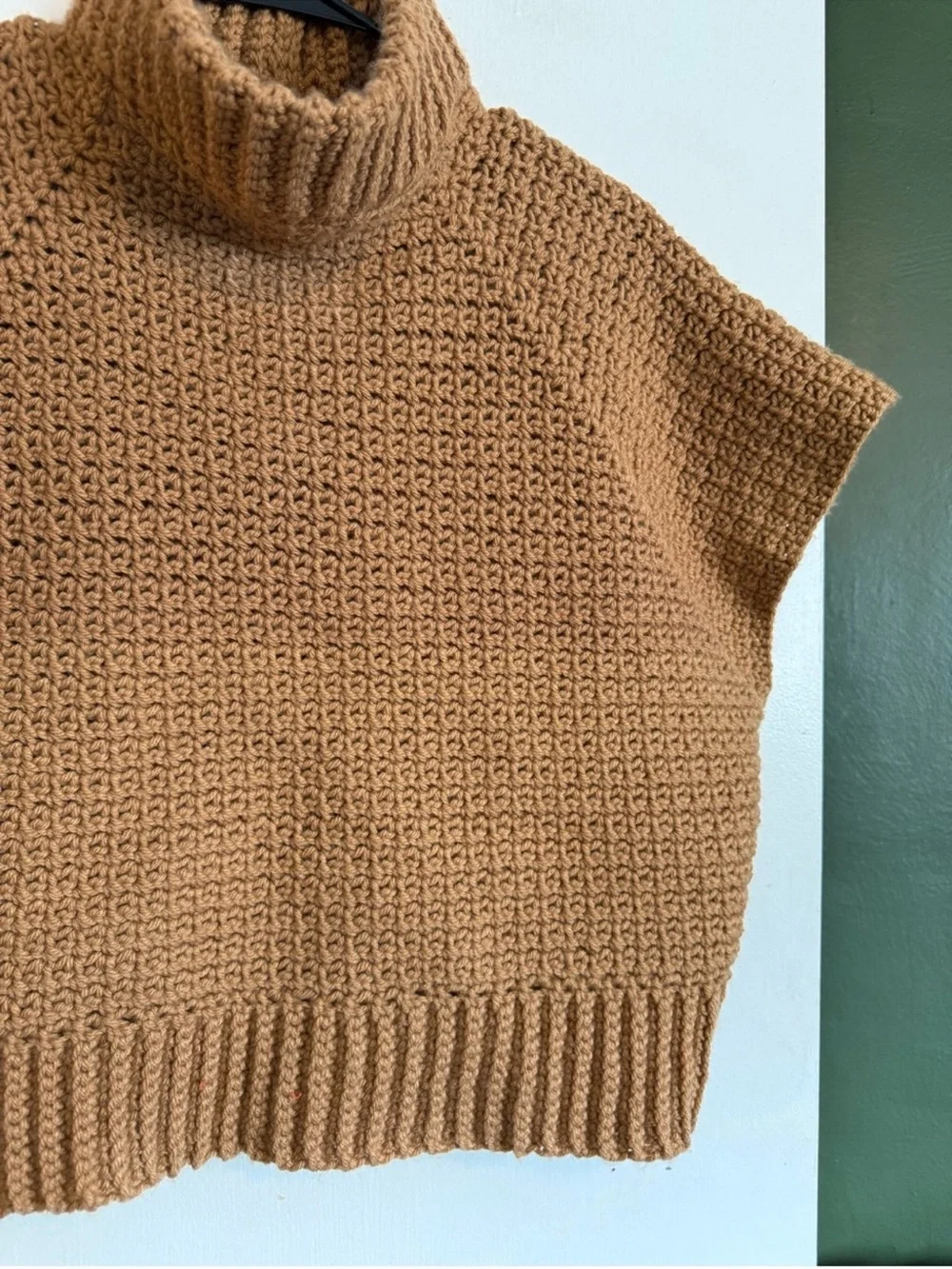 Handmade by me tan crocheted mock neck sleeveless waist length sweater